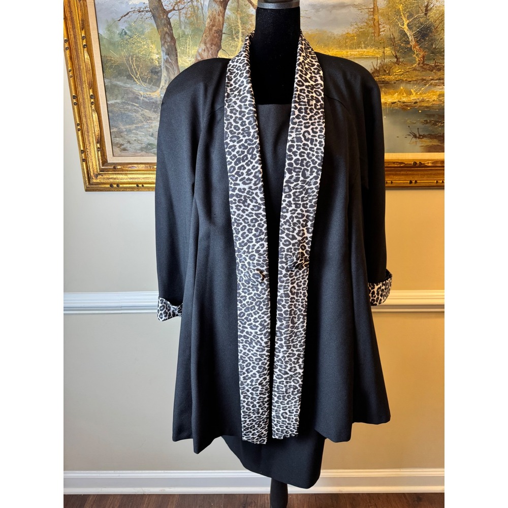 Kate & Co Vintage Black Dress Suit Set Leopard Trim Duster Jacket 18W Mobwife